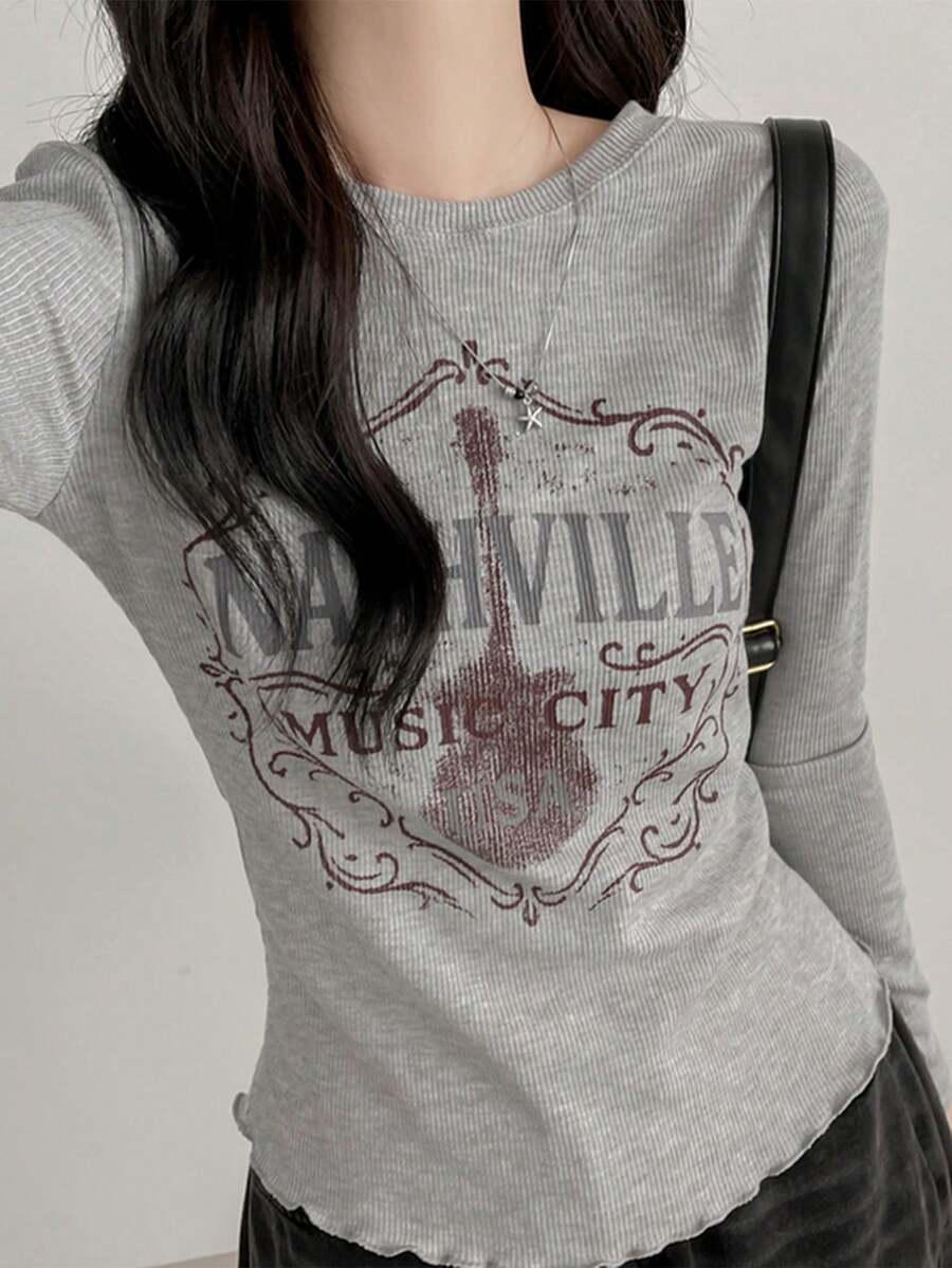 2025 Spring/Autumn Elegant Casual Personalized Printed T-Shirt - Grey - View 1