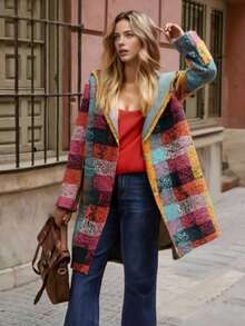 Plus Size Women Autumn/Winter Long Sleeve Pocket Asymmetrical Plaid Print Hooded Open Front Jacket, Colorful Plaid Boho Fashionable Casual Street Wear Coat - Purple - View 9