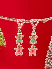 1 Pair Christmas Cute Gingerbread Heart Stud Earrings For Girls Cartoon Xmas Tree Cane Hairball Tassel Earring Festival Jewelry