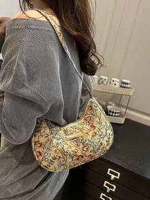 时尚百搭纯色新款植物印花单肩包，休闲简约法棍小方包，女士手提包 - 彩色 - 查看 4