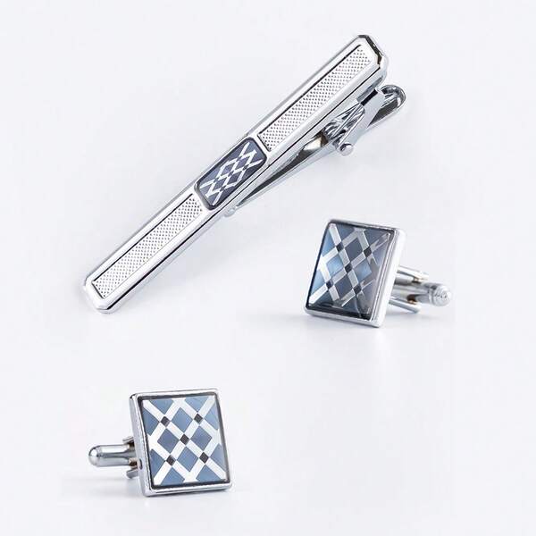 1 Set de Gemelos y Clip de Corbata de Hombre con Patrón Geométrico Azul Plateado de Material de Hierro para Negocios
