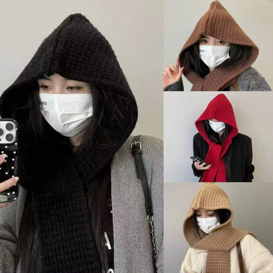 新款时尚百搭优雅简约帽巾套装，针织连帽斗篷两用披肩领巾，加厚针织帽围巾套装，女士秋冬情人节礼物 - 連帽圍脖 - 查看 1