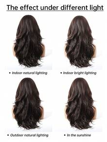 20英寸带刘海合成假发，长款波浪层次深棕色假发，适合女性日常、派对、角色扮演等场合。 - 棕色 - 查看 11