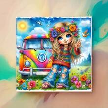 5D DIY Diamond Painting Kit - Hippie Girl And Colorful Bus, Full Round Diamond Art, Suitable For Beginners, Crafters, Wall Decor In Living Room, Bedroom, Study - Perfect Gift Idea - Multicolor - View 4
