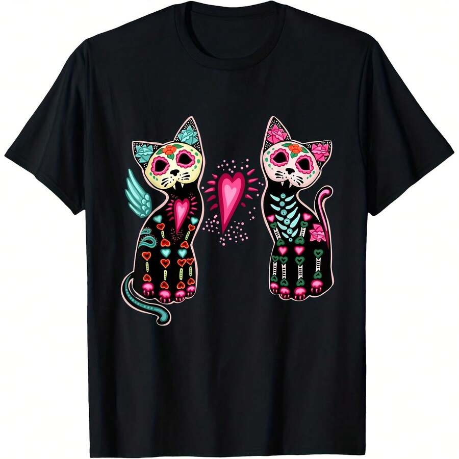 Day of the Dead Cats Shirt Cat Lovers Dia De Los Muertos T-Shirt  Women'S T-Shirt Gift T-Shirt  Sports ,Comfortable home wear, Casual fashion,Sizes S - 5XL Black