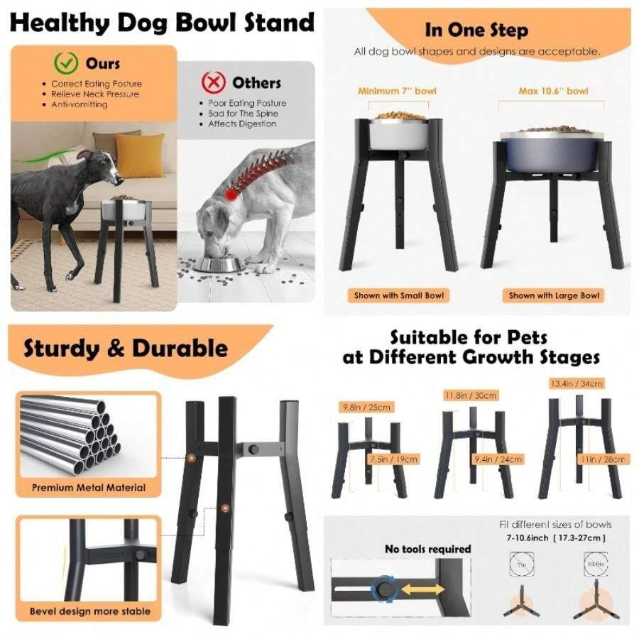 - Soporte ajustable para cuencos para perros grandes y extragrandes, soporte alto para alimentos y agua para perros, altura ajustable de 9.8 a 13.4 pulgadas, ancho de a 11 pulgadas, soporte - Negro - - Ver 1