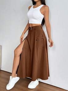 Falda con abertura y cremallera de moda para mujer, primavera - Óxido marrón - Ver 4