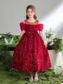 ALISA&LEO Enchanting Round Neck Spaghetti Strap Girls' Sequin Dress With Sheer Short Puffed Sleeves And Oversized Bow Detail For Wedding Ceremonies, Formal Galas, Evening Receptions, Award Ceremonies, And Holiday Celebrations