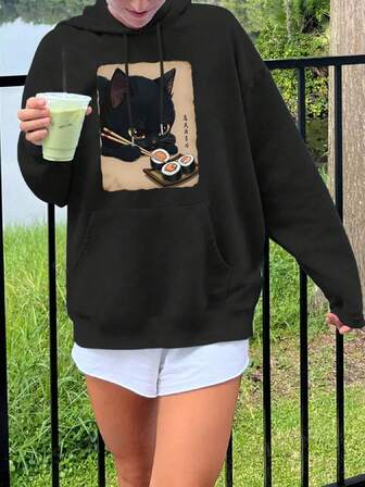 大码女式日常黑色猫咪图案寿司元素日式文字图案连帽长袖休闲春夏秋季女式大码长袖连帽卫衣感恩节外出上衣女式度假装女式