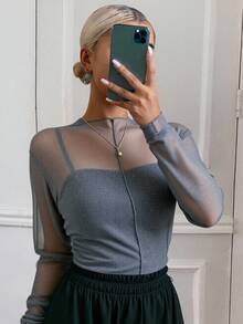 Livesso Áo cánh tay dài cổ cao, chất liệu lưới mỏng, dáng ôm, dáng rộng thoải mái cho nữ, có bo gấu, đa năng cho mùa thu - Xám - Xem 1