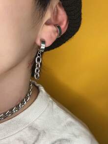 1PC/2PCS Stainless Steel Ear Hoop Chain Dangle Cross Earring Punk Style Ear Clip Ear Lobe Men's Earring Fashion Jewelry
