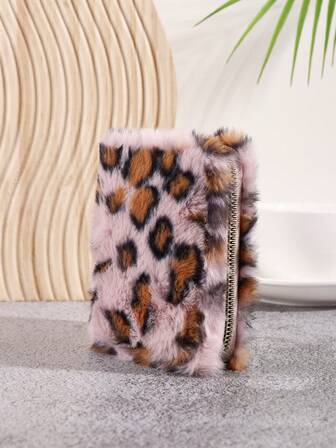 1 件新款复古豹纹毛绒短款钱包女士钱包大容量证件银行卡信用卡夹零钱包带钥匙扣钱包迷你钱包