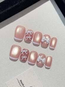 升级您的风格，手工按压式指甲套装短方形法式心形简约果冻粉色美甲套装，适合派对、婚礼或日常佩戴的长指甲，包括 2 块果冻凝胶和 1 个缓冲剂 - 淺粉色 - 查看 4