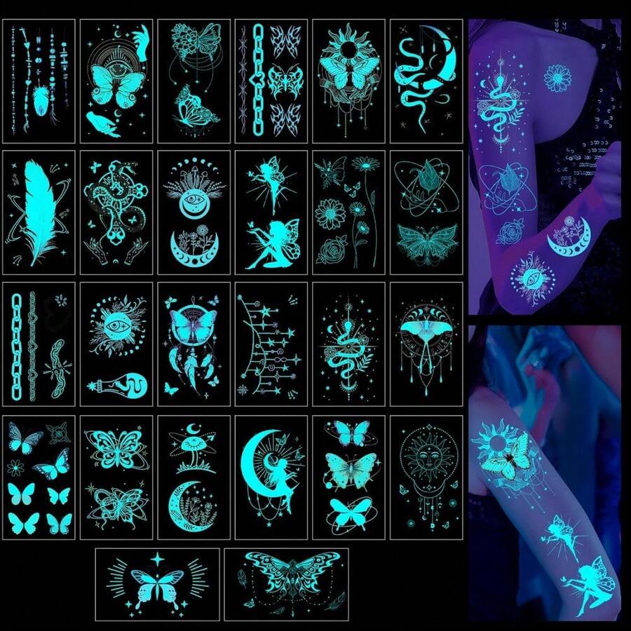 1PCS Glow-In-The-Dark Temporary Tattoos Waterproof Long-Lasting Fake Tattoos Halloween Costume Tattoo Decorations Festival Glow Tattoo Stickers Birthday Party Custom Tattoos Party Sparkle Fake Tattoos Removable Butterfly Tattoo Stickers Multi-Color Glow Tattoos - ngẫu nhiên - Xem 1