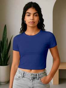 Women's Short Sleeve Ribbed Cropped Top With Sleeves, Summer - Azul - Ver 1