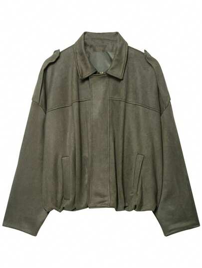 ZEVITY Women's Solid Color Pocket Zipper Loose Suede Fleece Jacket Coat, Spring/Autumn