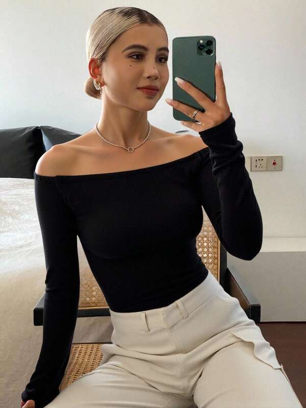 Livesso Women's Warm Fleece Off The Shoulder Long Sleeve Tight Solid Color T-Shirt, Thermal Lined Pajama