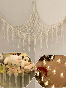 Bohemian Hammock Toy Storage Net, Corner Hanging Net Holder With Hooks, Plush Toys Storage Mesh Hammock, Home Decorations, Bedroom Decorations - Beige (Tassel) - View 2