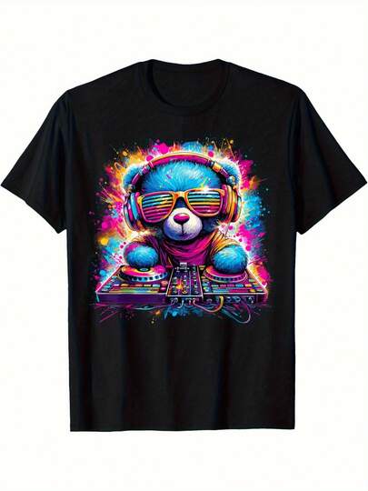 Men's Casual Short Sleeve T-Shirt With Colorful DJ Teddy Bear Graphic, Neon Headphones & Music Notes Design - Black Round Neck Tee For Spring Summer Fall, Machine Washable