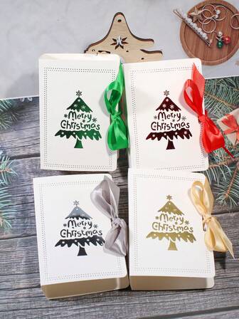 5pcs Christmas Tree Favor Gift Boxes With Ribbon Closure, Candy Cookie Packaging Box, Holiday Party Supplies For Kids And Adults, Xmas Present Wrapping For Jewelry, Chocolates, Classroom Exchange, Wedding Or Birthday Celebration