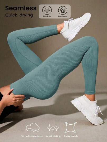 Leggings moldeadores de cintura alta de unicolor acanalado para mujer