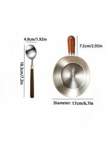 1/2pcs Stainless Steel Mini Pot With Walnut Anti-Scald Handle Pot And Spoon, Compatible With Induction Cooktop, Suitable For Instant Noodles, Salad, Rice, Household, Single Person, Kitchen Essential, Durable Cookware