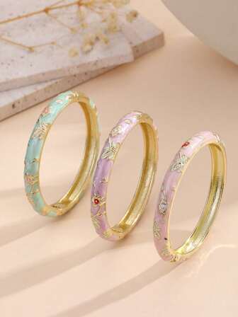 3pcs Retro-Style Gold Flower Enamel Bracelets, Gold Bracelets, Jewelry Accessories For Girls And Women, Suitable For Daily Wear And Festival Gifts