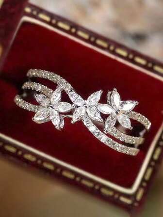 1 Pc Romantic Cubic Zirconia Ring For Women For Wedding Engagement Anniversary Party Jewelry Valentine's Day Gift