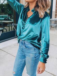 1pcs Casual Velvet Ruffle Stand Collar Pullover Shirt, Ruffle Cuffs, Button Half-Open Placket, Very Suitable For Autumn And Winter Season, Machine Washable Autumn And Winter - Blue - View 4