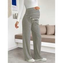 Maternity Striped Wide-Leg Knit Pants, Comfortable High Elasticity Long Maternity Trousers, Suitable For Pregnant Women - Black and White - View 9