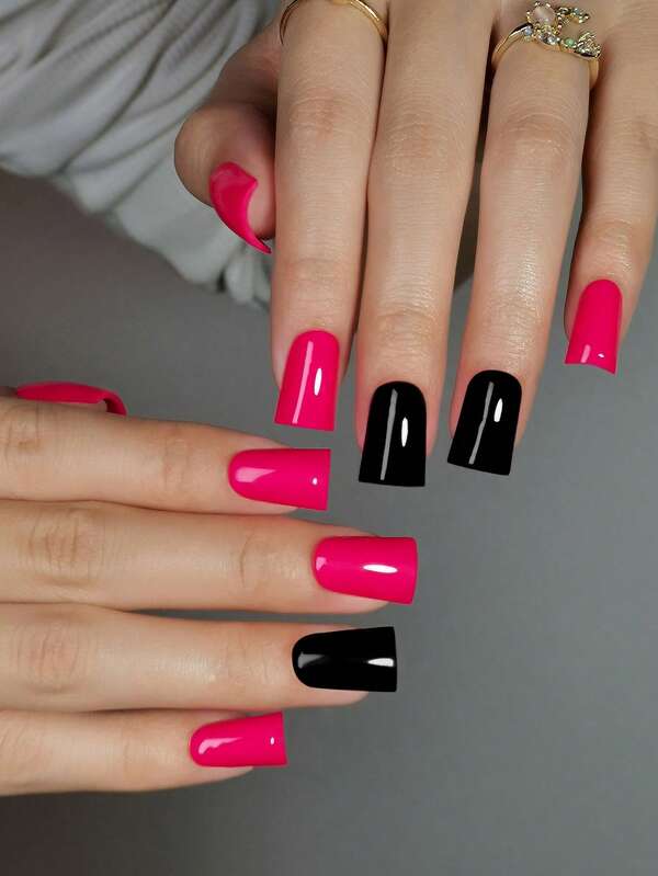 30pcs Medium-Long Thick Fake Nails, Korean Chic Style, Rose Red & Black Solid Color Nails, Suitable For Spring/Autumn, Christmas, Gift For Girls/Ladies, Includes 1pc Jelly Gel And 1pc Nail File