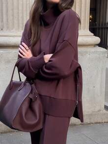 Women's New Solid Color Fashion Sports Casual Two-Piece Suit, Long-Sleeved High-Neck Side Slit Zipper Sweatshirt And Versatile Casual Straight Pants, Machine Washable, Suitable For Autumn And Winter - Màu Đỏ Sâu - Xem 5