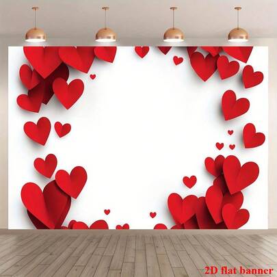 2D Flat Banner 1 Piece Of Romantic Red Heart Paper Flower Background With White Background, Scattered With Hearts, Used For Home Decoration, Parties, Studios, And Outdoor Celebrations