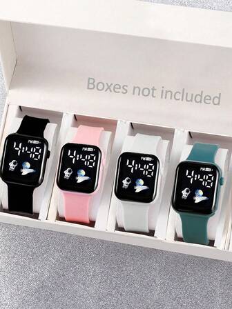 4pcs Cartoon Digital Watch, Silicone Strap LED Heart Display, Suitable For Daily Wear, Party, Travel - Unisex