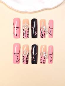 Y2K Charm Nail Art Set, 24pcs Long Press-On Nail Stickers, Elegant Heart & Star Shaped Colorblock French Style Full Cover Fake Nails, Suitable For Women And Girls. Set Includes 1pc Adhesive Sticker And 1pc Mini Nail File, Random Jelly Gel Color. Nail Supplies - Black - View 3