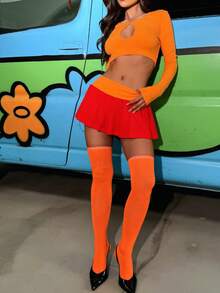 Women Halloween Velma Costume Skirt Set Orange Long Sleeve Hollowed Crop Top With Mini Skirt With Stockings Clubwear Halloween Cosplay Outfit - 橘色 - 查看 7
