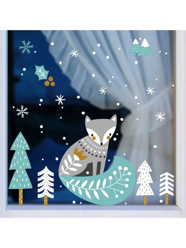 1PC Christmas Window Sticker Christmas Fox And Snowflake Static For Living Room, Bedroom, Bathroom Holiday Glass Decal - Holiday Home Dec
