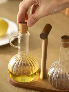 1 set Bouteille d'huile en verre borosilicaté haute qualité, plateau pour bouteille d'huile, support en bois, bouchon en bois scellé, bouteille de sauce soja, stockage de condiment de vinaigre, récipient liquide résistant à la chaleur pour cuisine, conteneur, distributeur