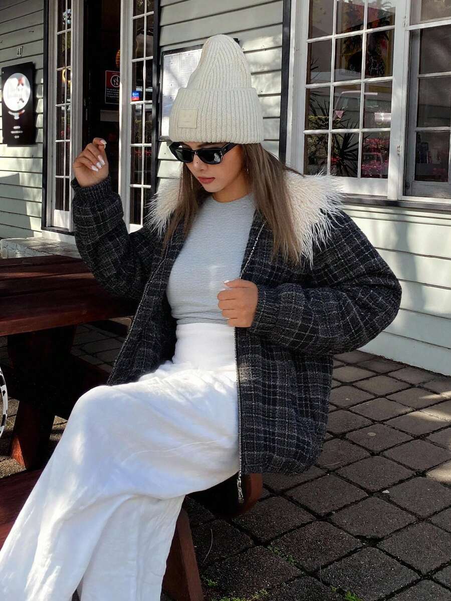 Livesso Jaqueta grossa casual de rua, com gola de pele solta, manga comprida, bolso com zíper, xadrez, patchwork, feminina, acolchoada, para outono/inverno - Cinza - Ver 1