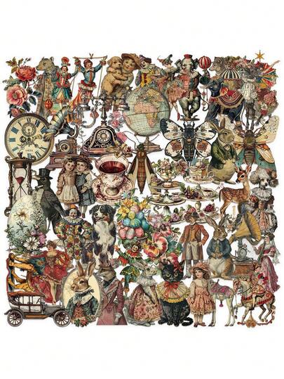 50pcs Transparent Retro Era Graffiti Stickers - Reusable Vinyl Self-Adhesive Decals With Vintage Cartoon Animals, Musical Instruments & Floral Designs For Water Bottles, Luggage, Skateboards, Bicycles - Mixed Colors, Asymmetrical Shapes