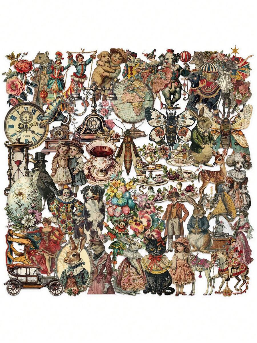 50pcs Transparent Retro Era Graffiti Stickers - Reusable Vinyl Self-Adhesive Decals With Vintage Cartoon Animals, Musical Instruments & Floral Designs For Water Bottles, Luggage, Skateboards, Bicycles - Mixed Colors, Asymmetrical Shapes