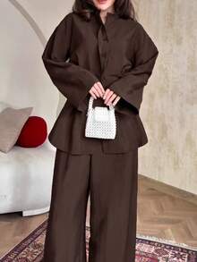 Women's Elegant Collared Single-Breasted Long Sleeve Blouse And Casual Pants Set, Solid Color Spring - Brown - View 5