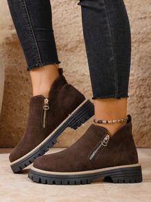 秋冬女士踝靴，女鞋冬靴，女士平底鞋，新款踝靴，带拉链女鞋 - 摩卡棕 - 查看 7