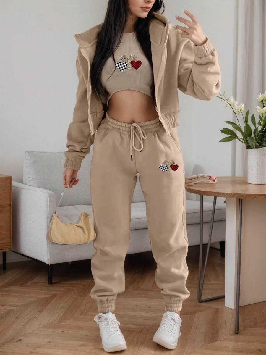 2025 New Women's Heart-Shaped Print Plush Sports Casual Three-Piece Suit, Long-Sleeved Hooded Jacket And Vest And Slim-Fitting Leggings, Machine Washable, Suitable For Wearing Out In Autumn And Winter - 卡其色 - 查看 1
