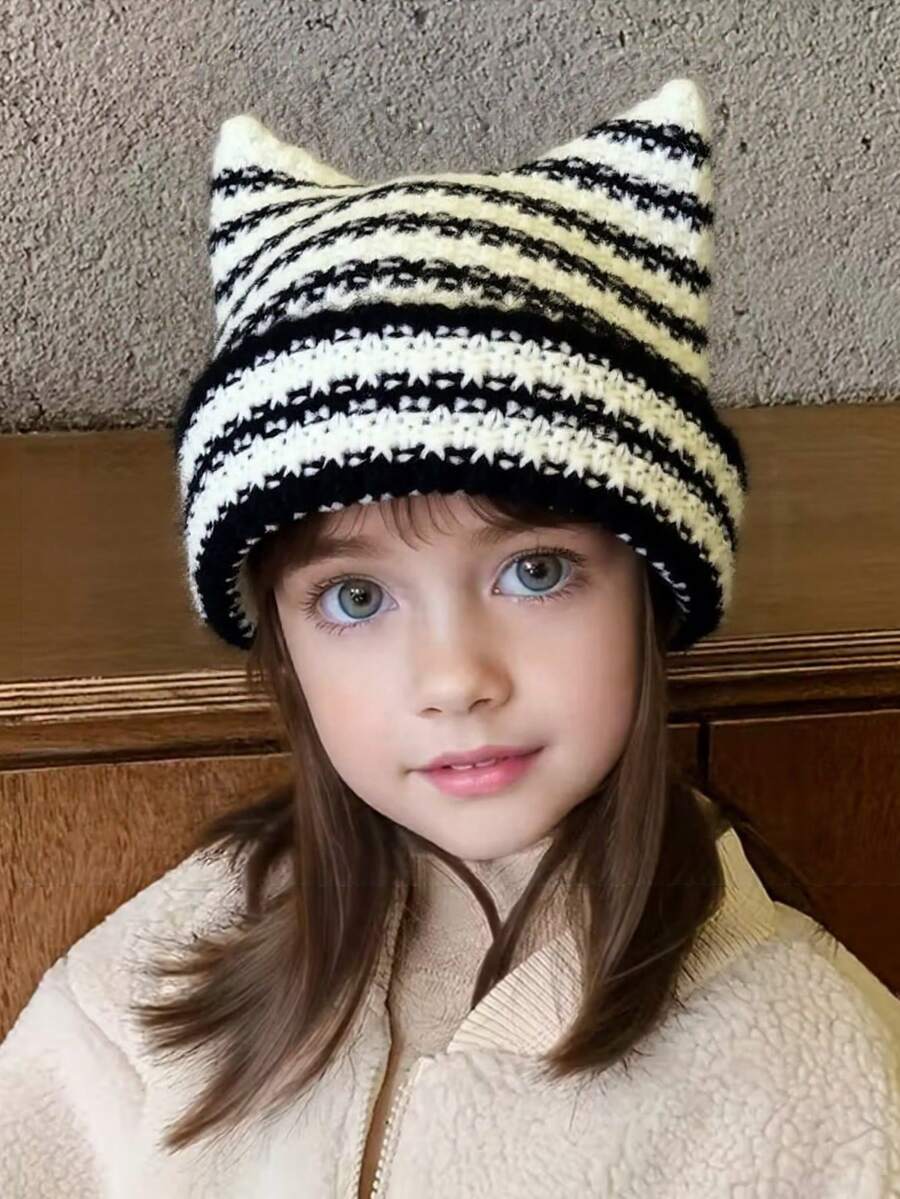 1 件儿童针织帽，手工制作的魔鬼角风格无檐小帽，可爱猫耳撞色保暖帽，适合女孩 - 黑與白 - 查看 1