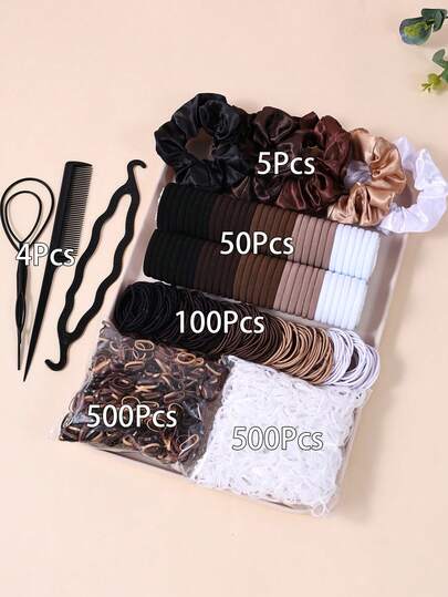 1159 Pcs Girls Hair Accessories Set, Basic Nylon Ponytail Holders Hair Ties, Black Brown Satin Hair Scrunchies, Neutral Color Elastic Rubber Bands Headbands, Braid Maker Of Hair Styling Tools Set Headwear Hair Accessories For Daily Use