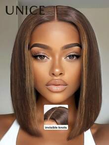 Wigs For Women Bye Bye Knots Espresso Brown With Highlights Straight Bob Wig 7x5 Pre Cut Pre Bleached Glueless Wig 100% Human Hair Ready To Wear Unice Hair - S4/27 - View 2