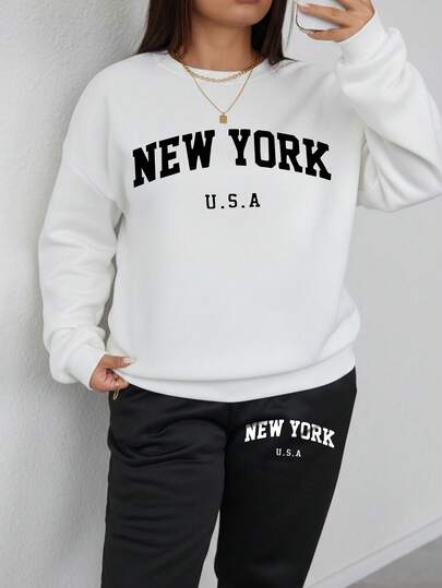 Set casual da donna taglie forti in due pezzi: felpa girocollo e pantaloni della tuta con fodera termica, stile semplice e giovanile | Stampa con scritta "New York" sul petto, essenziali di base per tutti i giorni