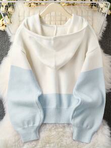 Women'S Casual Blue Color Block Hooded Sweater - Cozy Long Sleeve Cardigan With Button Details, Perfect For Fall/Winter, Relaxed Fit, Long Sleeve Sweater - 藍色 - 查看 2