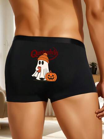 1 Piece Of Halloween-Themed "Quotselvin" Ghost Pumpkin Printed Men's Black Boxer Briefs, Soft And Skin-Friendly Shorts, Daily Home Underwear, Suitable For Fitness And Sports, Perfect Halloween Gift For Boyfriends
